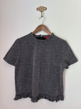 Max & Co Max Mara Black & Tan Soft Tweed Fringe Top Large